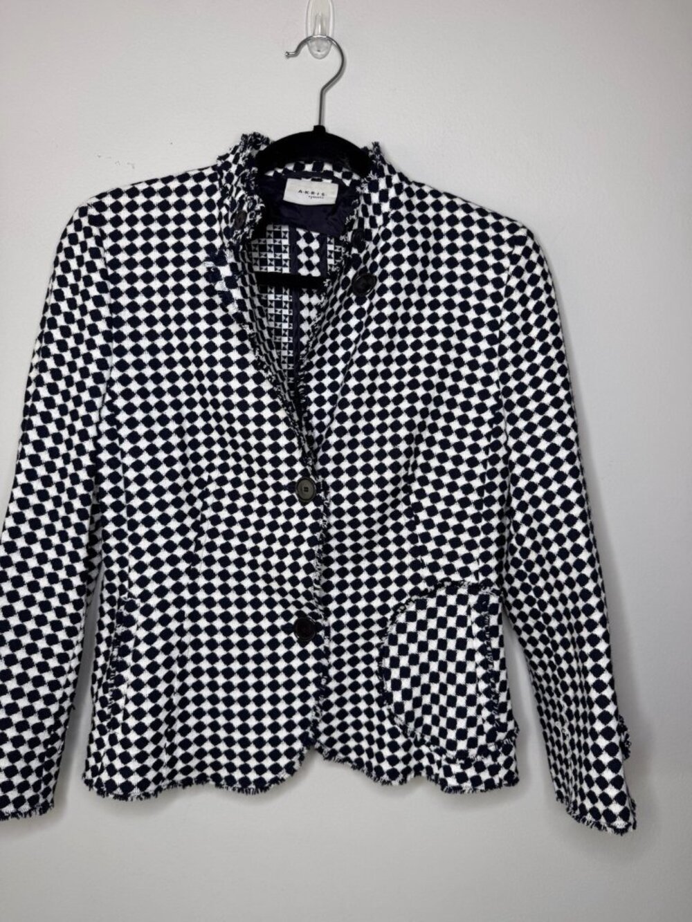 Akris Punto Black White Houndstooth Raw Edge Stand Collar Blazer Wool Blend 6
